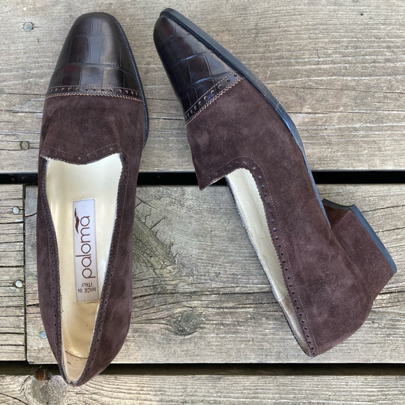 PALOMA PICASSO Shoes VINTAGE Retro Heels Brown Suede Leather Embossed Size 7.5 - Picture 8 of 15